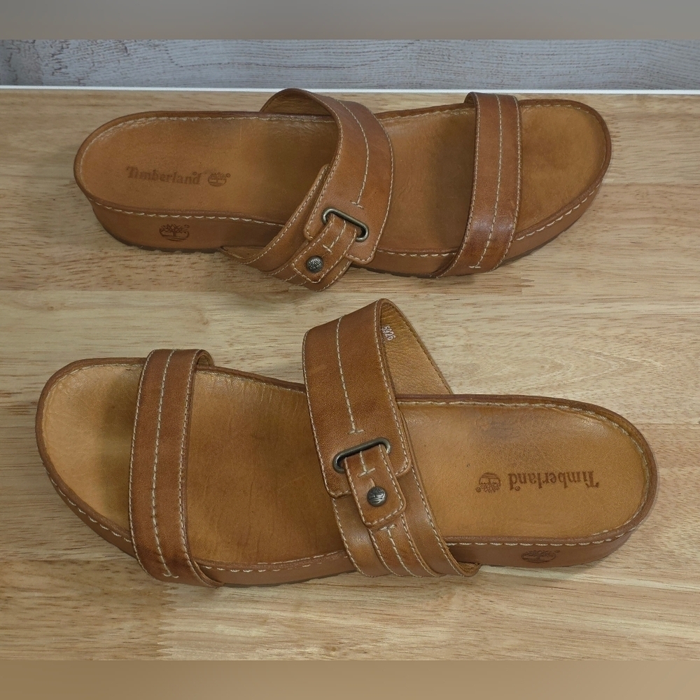 Timberland Ladie's Tan Leather Slide Sandals Size 8 - Picture 3 of 7